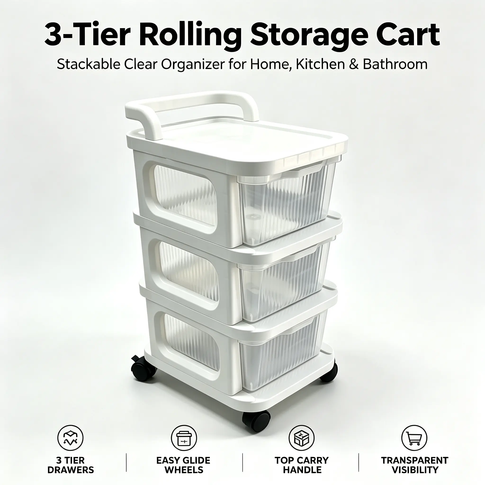 3-Tier Rolling Storage Cart with Drawers, Mobile Plastic Organizer Tower with Wheels & Handle, Space-Saving Utility Trolley for Bedroom, Bathroom, Kitchen, Dorm & Living Room