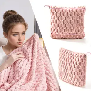 Plain Flannel Blanket Portable Soft Travel Blanket 2 in 1 Travel Fleece Blanket Pillow