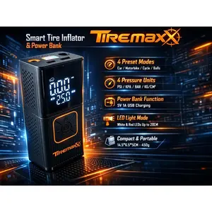 TiremaxX Portable Smart Tire Inflator Air Pump, Output for phone charge,  LED Light,150 PSI, Rechargeable, Compact Car Accessory malco  products red  rock  cowl  body  armor rechargeable  washer 6500k  white  light outdoorfun