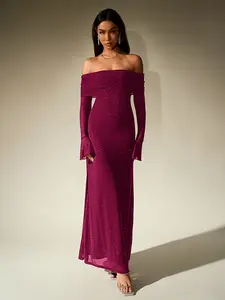 Off-Neck Sequin Long sleeve Bodycon Ruched Mesh Maxi Dress, Gorgeous and Fashionable Party Dress SpringStatements