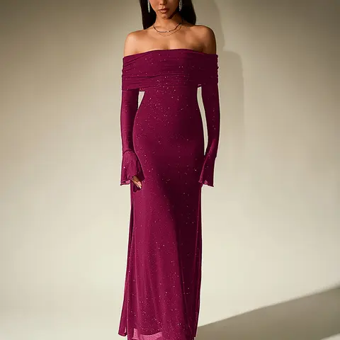 Parthea Women's Off-Shoulder Glam Formal Sequin Long-Sleeve Mesh Bodycon Ruched Maxi Dress - Cutout, Backless, Vintage Fabric, Classy Birthday Outfit, Dress for Wedding Guest