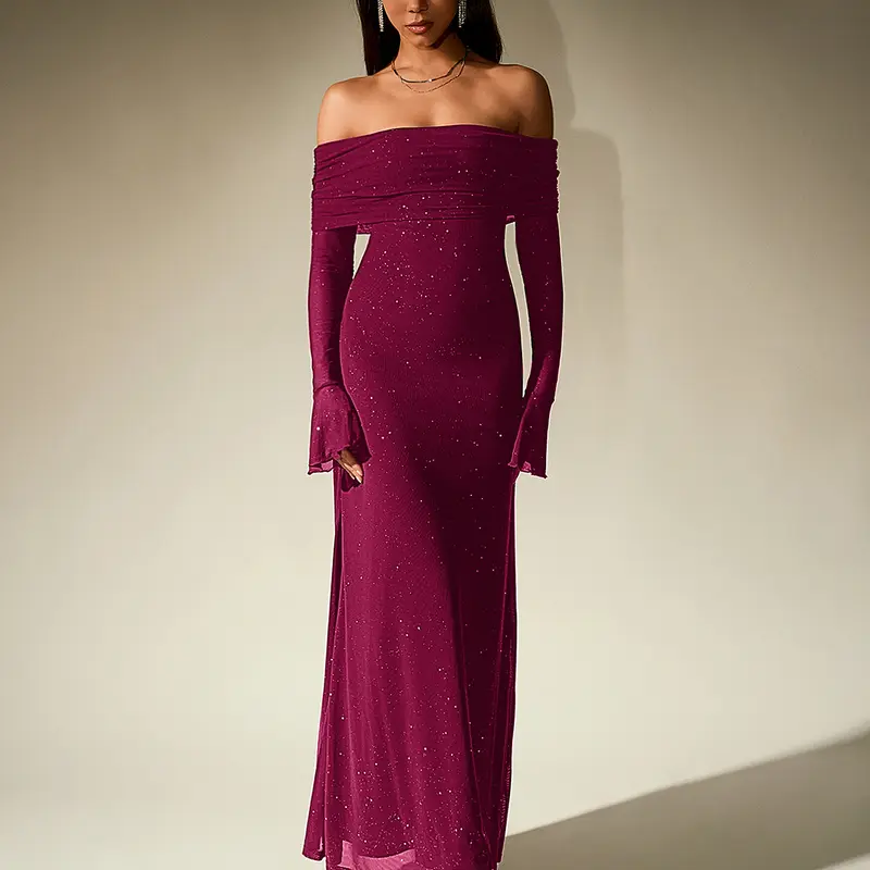 Parthea Women's Off-Shoulder Glam Formal Sequin Long-Sleeve Mesh Bodycon Ruched Maxi Dress - Cutout, Backless, Vintage Fabric, Classy Birthday Outfit, Dress for Wedding Guest