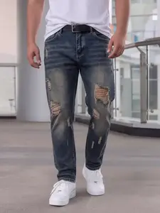 Men's Heavyweight Cotton Retro Distressed Ripped Jeans - Vintage Dirty Sandy Wash, Relaxed Straight Leg, 90s Vibe Streetwear, Drape-Fit Bottoms for Polyester/Flannel Tee, Sneaker-Friendly Menswear summerwins,summerwins