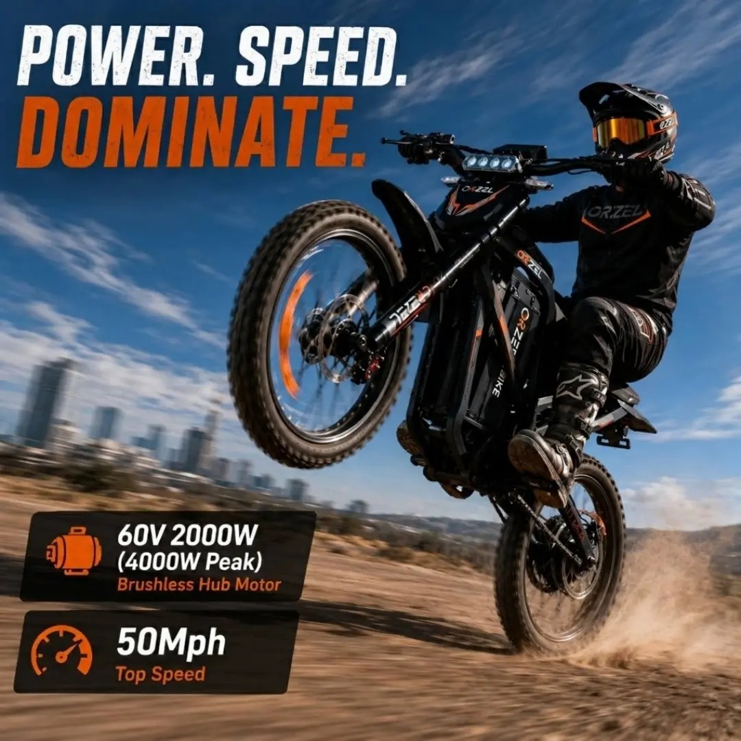 ORZEL Cyber X Pro Sturdy Electric Off-Road e-Bike for Adults - 4000W Motor, 60V 40Ah Removable Battery, 50 mph Max Speed, Full Suspension, Hydraulic Disc Brakes, Clipless Pedals, All-Terrain, Aggressive Look