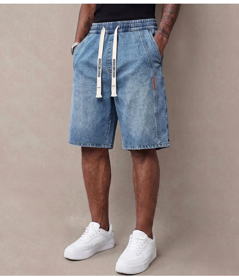 Men’s summer lightweight denim shorts — trendy short men’s pants, loose stretch mid-thigh denim shorts, classic street cotton everyday wear for men, elastic waistband drawstring denim shorts Men’s summer lightweight denim shorts — trendy short men’s pants, loose stretch mid-thigh denim shorts, classic street cotton everyday wear for men, elastic waistband drawstring denim shorts