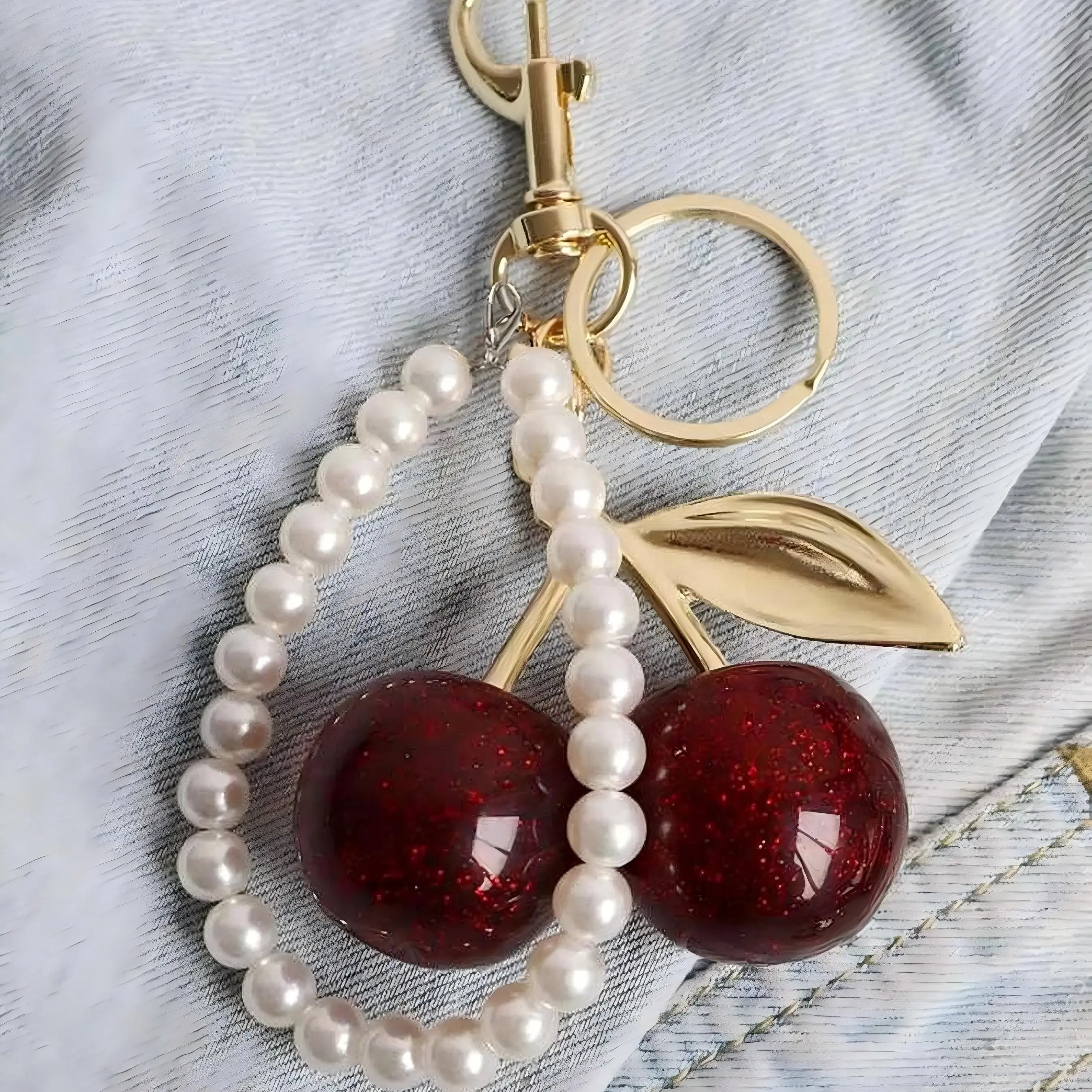 Fashion retro bag accessories charm, cherry keychain, simple sweet cherry pendant accessory, small gift for female friends, holiday small gifts, cherry gold chain handbag pendant strap with pearl strand charm, girly purse fillers
