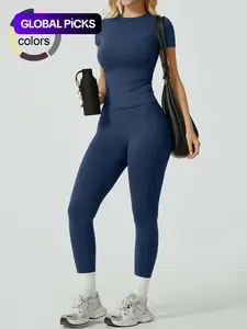 Two-Piece Set Women's Solid Ribbed Long Sleeve Tee & Leggings Sport Set, Casual Breathable Quick Drying T-shirt & Skinny Pants Set for Yoga Gym Workout Running, Ladies Sportswear for All Seasons, Sweatsuit Set