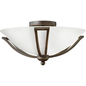 Small Flush Mount Bath Ceiling Light - 2-Light, Etched Opal Glass, Transitional Style - Olde Bronze Finish