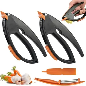 Two-Piece Manual Garlic Press and Masher Set, Includes Peeler and Scraper, Handheld Kitchen Tool for Home Cooking, Three-Piece Kit