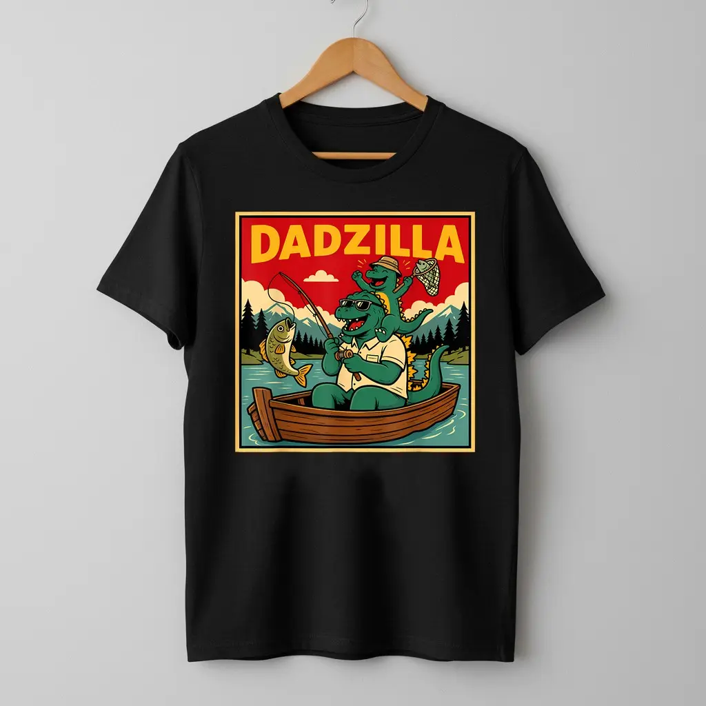 Dadzilla Fishing Dinosaur Father and Son Retro T-Shirt