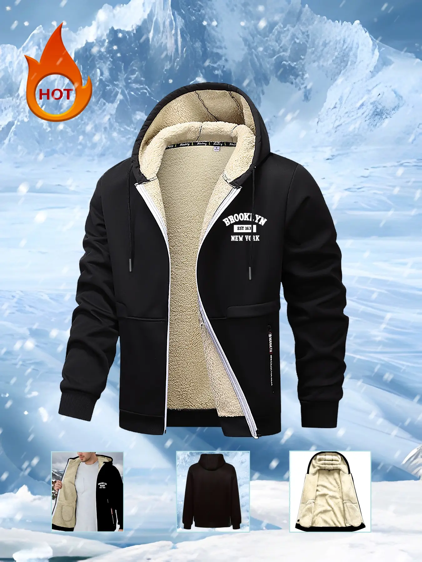 Men's Fall Winter Brooklyn City Print Hoodie Jacket, Thick Lamb Wool Fleece, Zipper Warm Coat, Casual Gym Sweatshirt