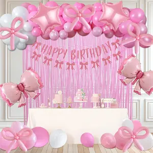 Pink Bow Birthday Balloon Arch Kit Pink & White Bow Balloons, Happy Birthday Banner & Fringe