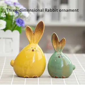 2Pcs Long Ear Rabbit Ornaments Home Decor, Classic Easter Crafts, No Electricity Needed, Cartoon Style Ceramic Bunny Figurines, Tabletop Celebration Decor for Hotel, Living Room, Restaurant & Home