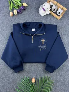 Faith Over Fear Hoodie, Christian Aesthetic Sweatshirt, Cross Quarter Zip Pullover, Cozy Faith Based Outfit
