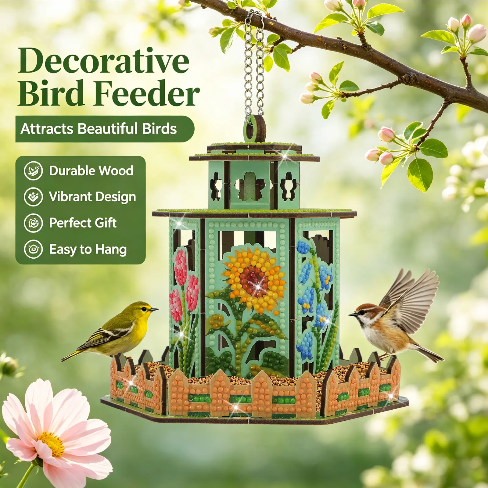 DIY Diamond Painting Wooden Bird Feeder Kit - Hanging Birdhouse-Style Garden Decor with Sunflower, Blue Floral Nature Theme, Sparkle Finish, Creative Craft for Adults, Backyard Patio Gift That Attracts Birds