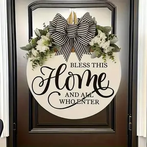 Floral Door Hanger with Welcome Sign, Rustic Burlap Bow and Artificial Flowers, All-Season Front Door Decor, Year-Round Door Knocker
