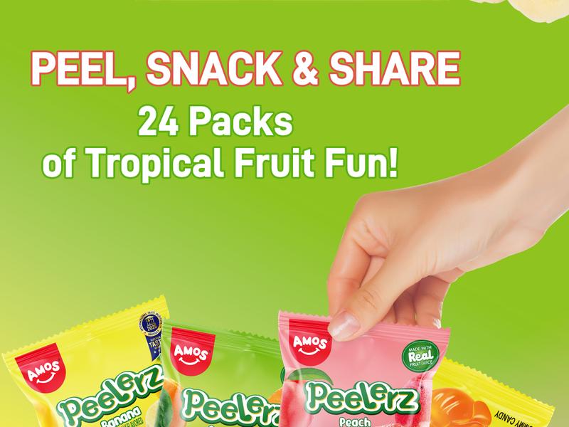 Amos Peelerz Fruity Gummies 608g New Tropical Edition Lychee Kiwi Peach Mixed Pack Mango Lychee Pineapple Exotic Chewy Fruit Candy Low Sodium Fat Free Sweet Juice Snack Bonbon