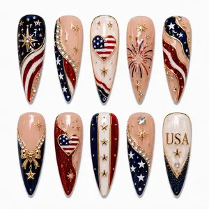 milo.nail&care Liberty Luxe Celebration Press-On Nails, Red Blue White Starburst Design, Metallic Ribbon Detail, Firework Inspired Handmade Long Nail Set, Summer Holiday Party Vibes