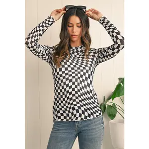 Black Checkered Pattern Mesh Long Sleeve Top