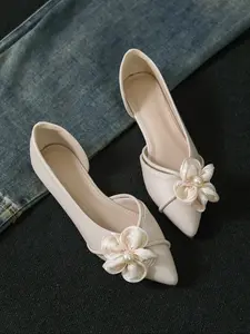 Women's Flat Shoes New Arrival, 3D Flower Decoration Pearl Flats, One-Step Slip-On Pointed Toe Soft Sole, French Side Ventilated Casual Shoes