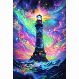 Psychedelic Lighthouse Diamond Painting Kit, Vibrant Rainbow Ocean & Cosmic Sky, 5D Full Drill Round & Square Rhinestone Cross Stitch, Trippy Fantasy Nautical Art, Colorful Coastal Wall Decor, Unique Lighthouse Lover DIY Craft Gift