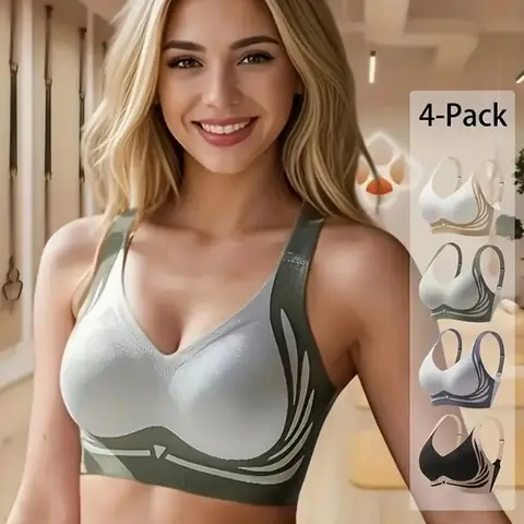 Women's 4-Pcs Plain Retro Wire-Free Seamless Push-Up Bras - Elastic, Breathable, Bump-Friendly, Padded Supportive, Anti-Sagging Lift, V-Neck, Keyhole Back, Adjustable Pull-On Underwear for Women Batch, Everyday Wedding Gift Bras
