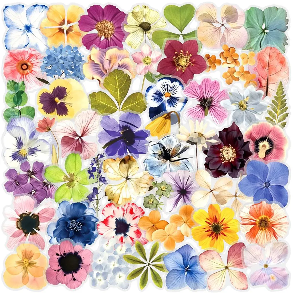 50Pcs Transparent Watercolor Large Pressed Flowers PET Stickers for Journal Bottle Tablet Decor Decal Sticker Decorative Stickers