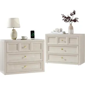 Nightstand Set of 2 W/Charging Station, 30.7" W King Size Bedside Table with 3 Drawers, Accent End Table W/Large Storage, Modern Wood Side Table for Bedroom,Office, Beige