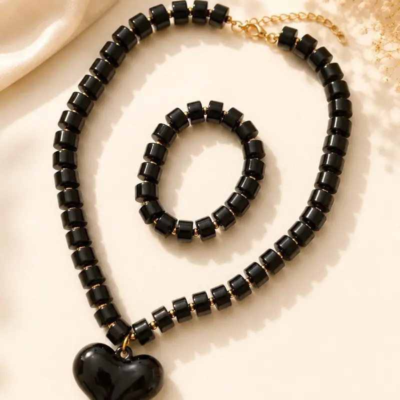 Beaded Heart Charm Midnight Love Matching Pair Necklace & Bracelet Costume Jewelry Set