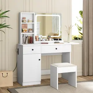 Garvee Vanity Desk with Drawers & Led Lighted Mirror & Power Outlet & Cabinet, Vanity Stool Set with Storage, Stylish Dressing Table Bedroom Makeup Table Set (White)