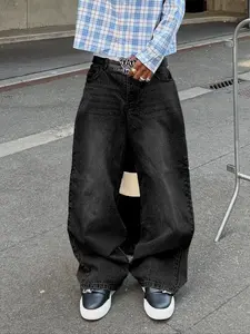 Men's Deep Casual Loose Fit Wide Leg Plain Jeans, Pure Color Washed Long Pants, Perfect Gift for Husband Boyfriend