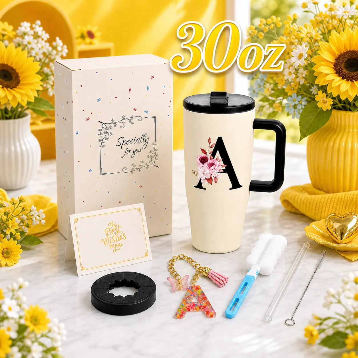ZIOSINM 30oz Custom Monogram Tumbler with Handle, 12H Cold Retention Stainless Steel Travel Mug with Silicone Ring, Leak-Proof To-Go Cup Fits Car Cup Holders, Aesthetic Gift Box Set with Keychain & Card for Summer Beach, Road Trip