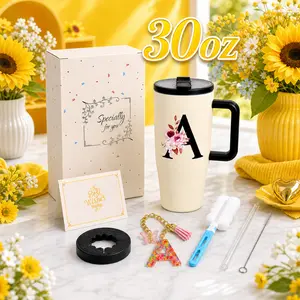 ZIOSINM 30oz Custom Monogram Tumbler + Silicone Ring: The Ultimate Travel Mug Fits Any Drive-Thru To-Go Cups – Portable 12H Cold Cup, Aesthetic Gift Box Set with Keychain＆Card for Summer Party,beach,Road Trip