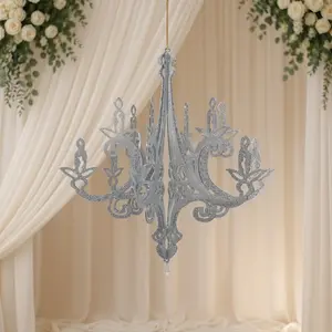 24" Silver Glittered Acrylic Chandelier Hanging Decor, 3D Interlocking Cutout Design, Ceiling Decor