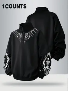 Men's Gothic Quarter Zip Fitted Long Sleeve Sweatshirt - Skull Thorn Graphic Print Stand Collar Pullover, Casual Edgy Streetwear for Fall Winter Fabric