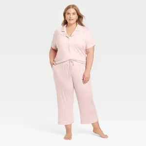 Women's Cloud Knit Short Sleeve Notch Collar Top and Cropped Pants Pajama Set - Auden Pink/Striped S: Modal Blend, Button Down