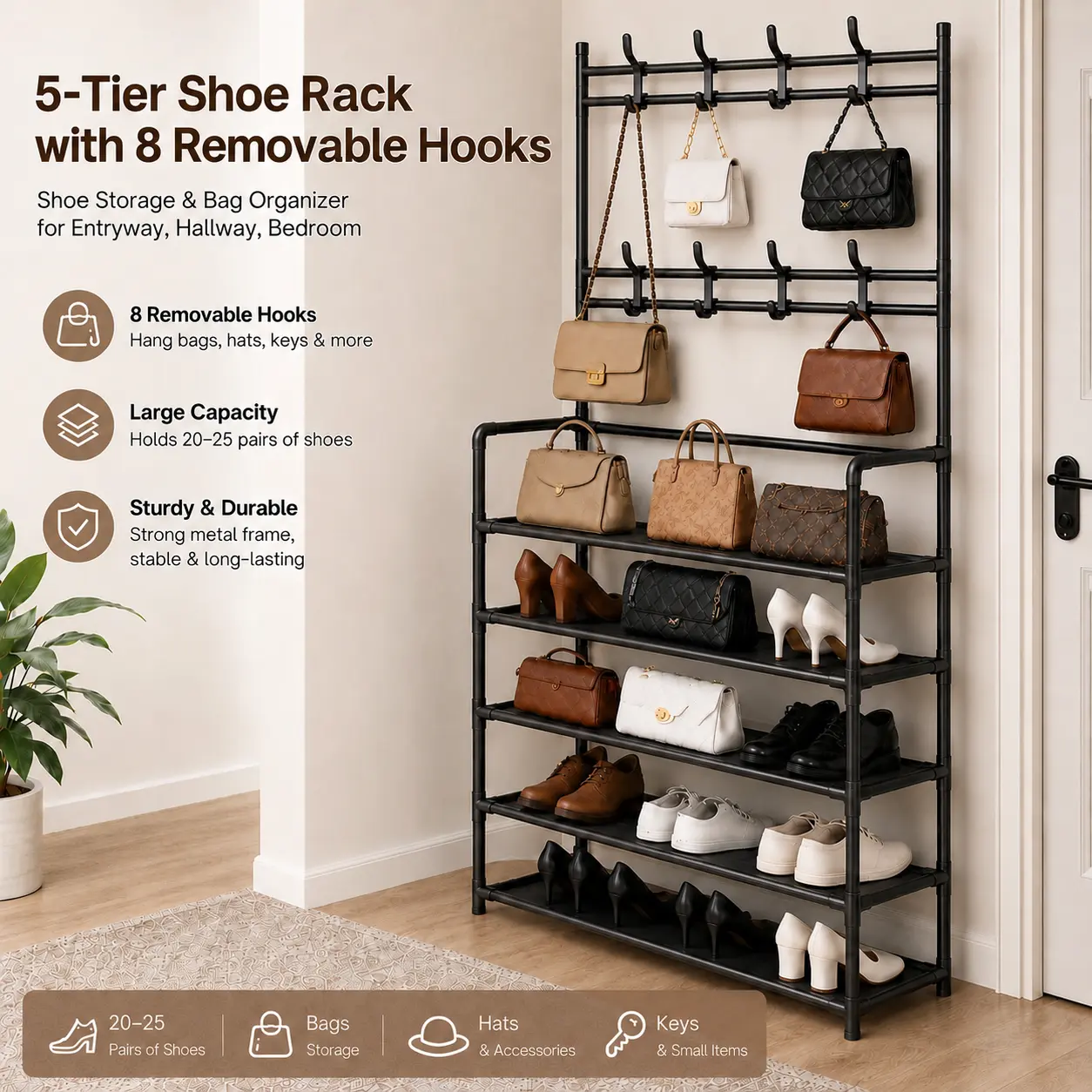 Multifunctional shoe rack with coat hooks, 5-tier freestanding shoe shelf for entryway, heavy-duty shoe organizer for sneakers, bags, hats & keys, metal frame, space-saving for hallway, closet & bedroom