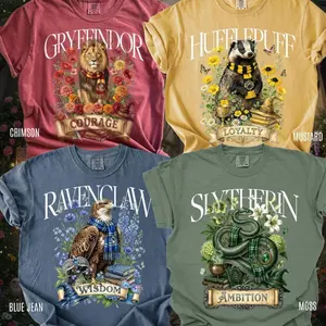 Wizard Houses Shirt, Floral Wizard School Tee, Gryffindor Hufflepuff Ravenclaw Slytherin Shirt, Cottagecore Fantasy Aesthetic Shirt