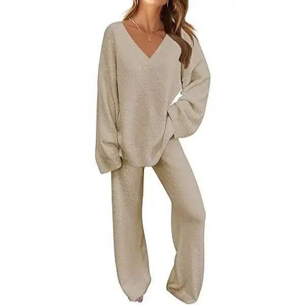 MEROKEETY Women's 2 Piece Outfits Fuzzy Fleece Pajama Set Long Sleeve Top Wide Leg Pants Loungewear