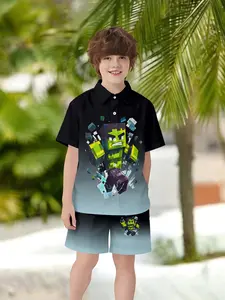 Boys' Gradient Hulk Beachwear Set, Short Sleeve Shorts, Breathable Casual Summer Clothing, Kids' Vacation Wear