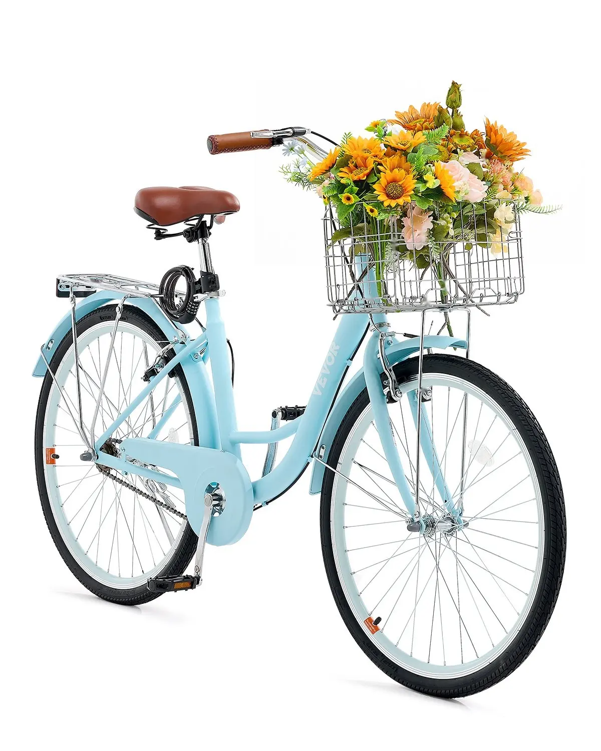 26-Inch Cruiser Bike, 1-Speed, Light Blue Beach Cruiser Bicycle With Basket, Comfortable Upright City Commuter Ride, Alloy Frame, Easy Assembly, Padded Saddle, Suitable For Adults, Vintage Style Cruiser