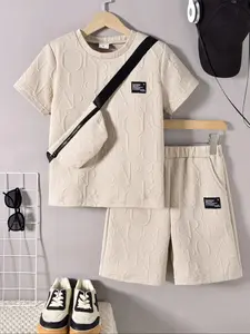 Toddler Boy's Short Sleeve Tee & Crossbody Bag & Shorts Set, Casual Round Neck T-shirt & Pocket Track Shorts & Crossbody Bag, Kids Summer Clothes, Toddler Outfit