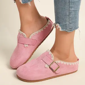 Women’s Buckle Mule Clogs, Slip-On Closed-Toe Flat Slippers with Crochet Trim, Comfortable Non-Slip Casual Shoes for Indoor and Outdoor Use