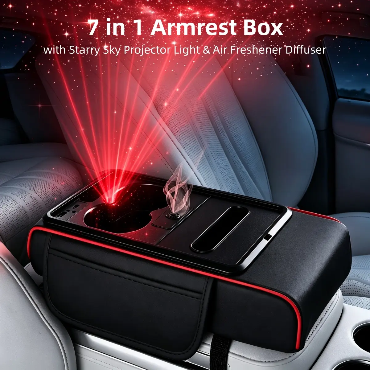 7 IN 1 Car PU Leather Armrest Box with Starry Sky Projector Light & Air Freshener Diffuser, USB-A & Type-C Charging Multifunctional Storage Memory Foam Arm Rest Pad Armrest Console Organizer Tissue Box Universal for Car SUV Truck 13*7.5*2.4 inch