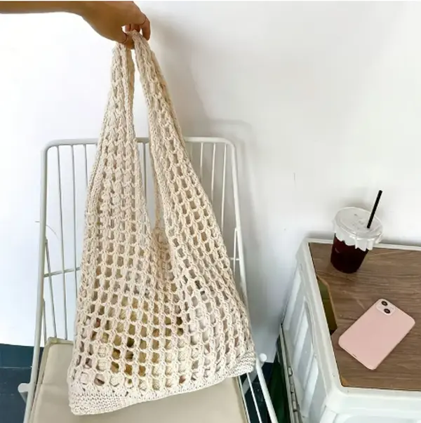 Women's Crochet Beach Tote Bag - Aesthetic Hand-Knit Shoulder Bag, Summer Bohemian Hippie Style Casual Purse