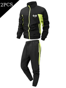 Men's 2 Piece Color-Blocked Fitness Tracksuit Stand Collar Windproof Full Zip Jacket and Pants Lift Dumbbells Print Casual Jogging Sports Set for Men Gym Training