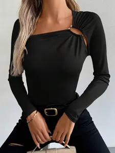 Elegant Style Women's Solid Color Basic Casual Square Neck Slim Fit Long Sleeve T-Shirt, Fall Winter Fashion Top, Ladies Plain Tee for Everyday Daily Wear, Womenswear