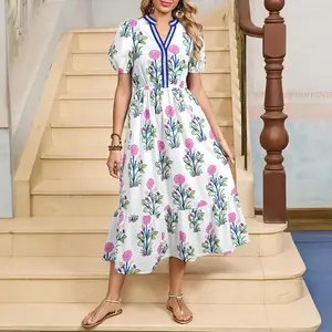 MULLVEIG Women's Floral V Neck Puff Sleeve High Waist Maxi Dress with Side Pocket - Easter Boho Lightweight Summer Beach Flowy Dress