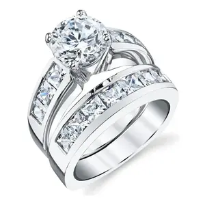 Women's sterling silver bride suit Engagement wedding ring round princess