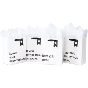 Christmas Medium Size  Bags Set, Funny Quirky Design with Bold Black Text  with Tissue Paper  for Shopping, Parties, Birthday, Holiday, 4 Pack, 7" X 4" X 9"